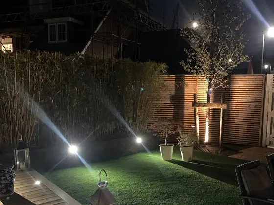 Garden lighting scheme at night — recessed deck lights, uplit tree and washed fencing
